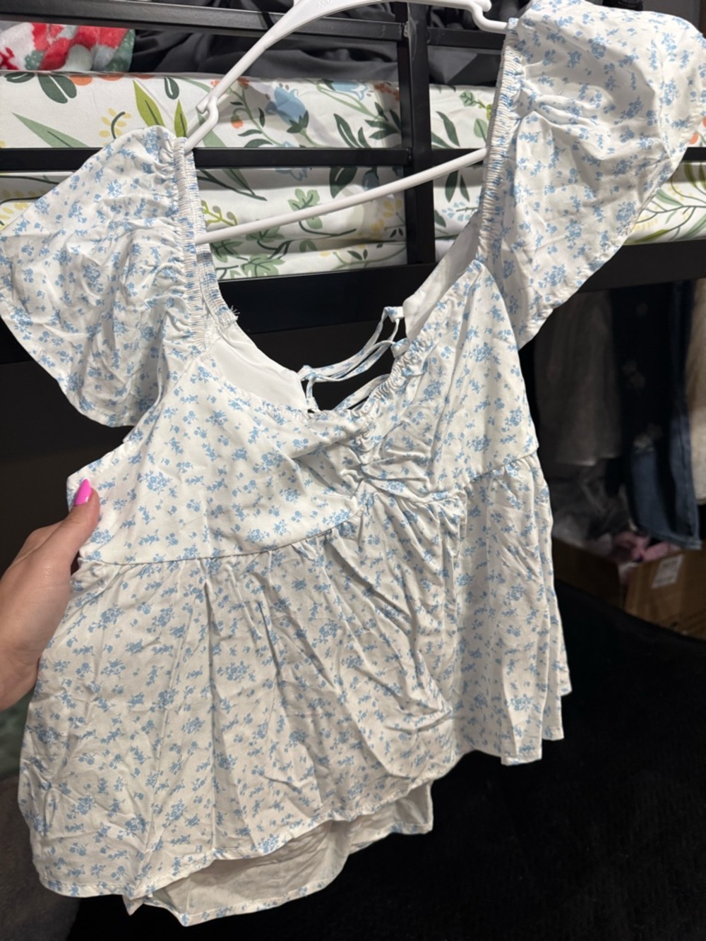 SHEIN White Tank Top with Light Blue Floral Print and Ruffle Sleeves